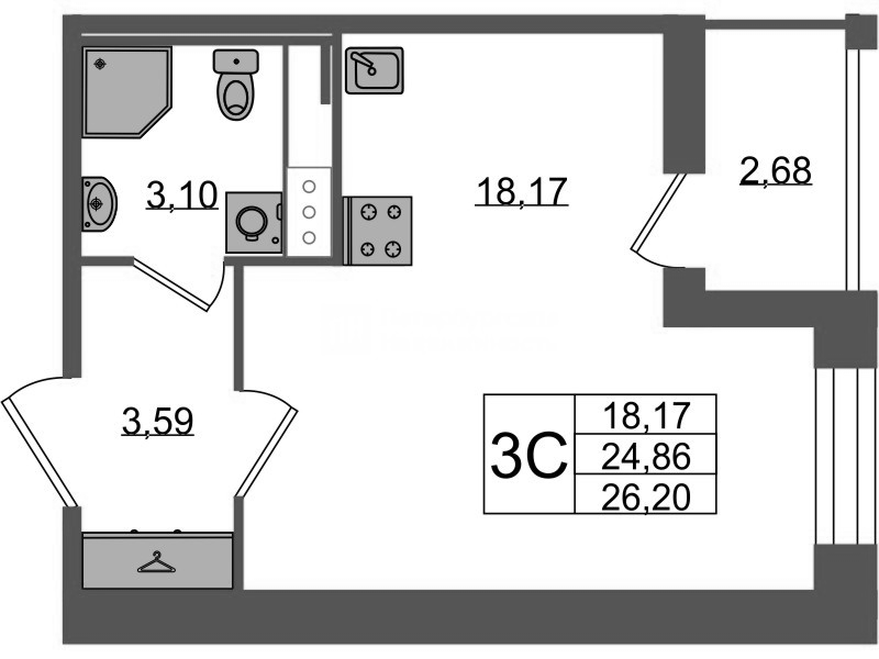Студия 24,9 м²