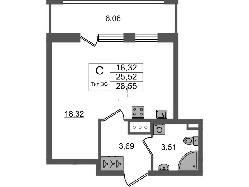 Студия 25,5 м²