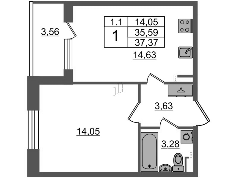 1 ккв 35,6 м²