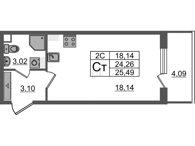 Студия 24,3 м²