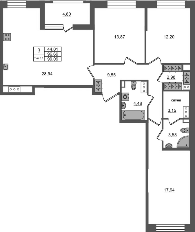 4 ккв (Евро) 96,7 м²