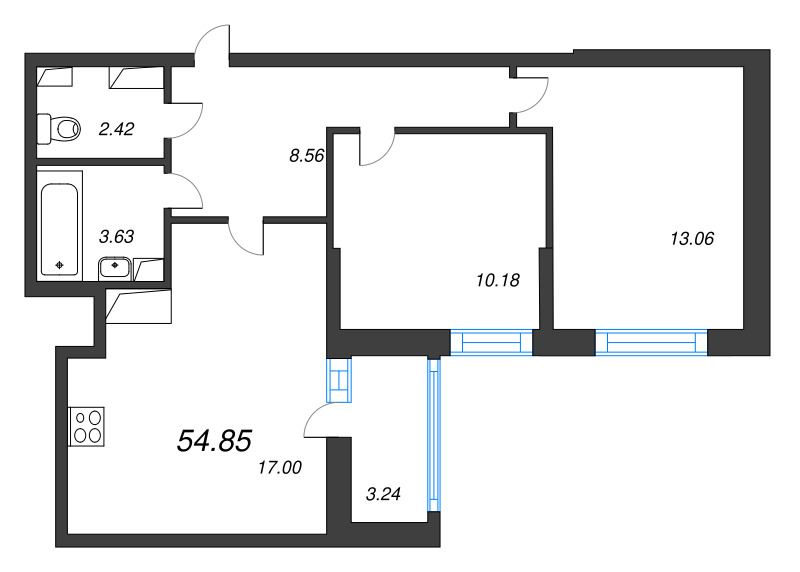 3 ккв (Евро) 54,9 м²