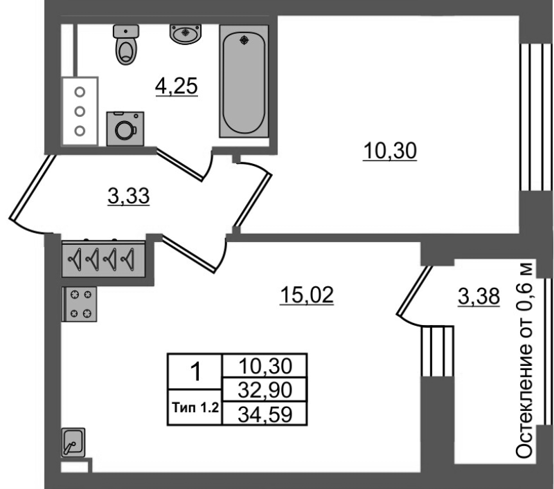 2 ккв (Евро) 32,9 м²