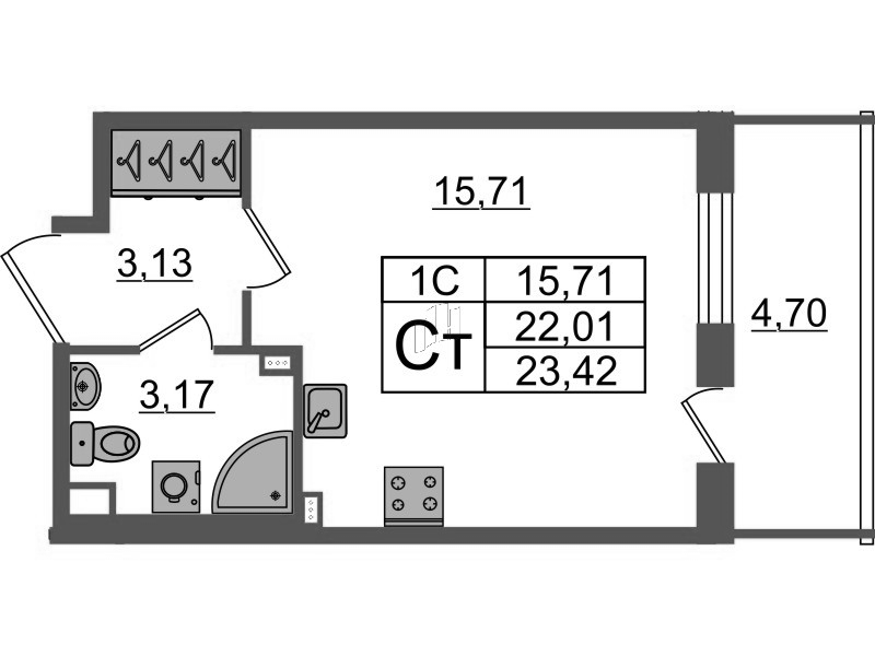 Студия 22 м²