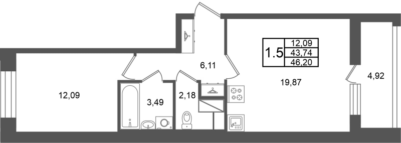 2 ккв (Евро) 43,7 м²