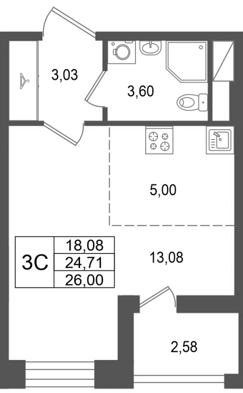 Студия 24,7 м²