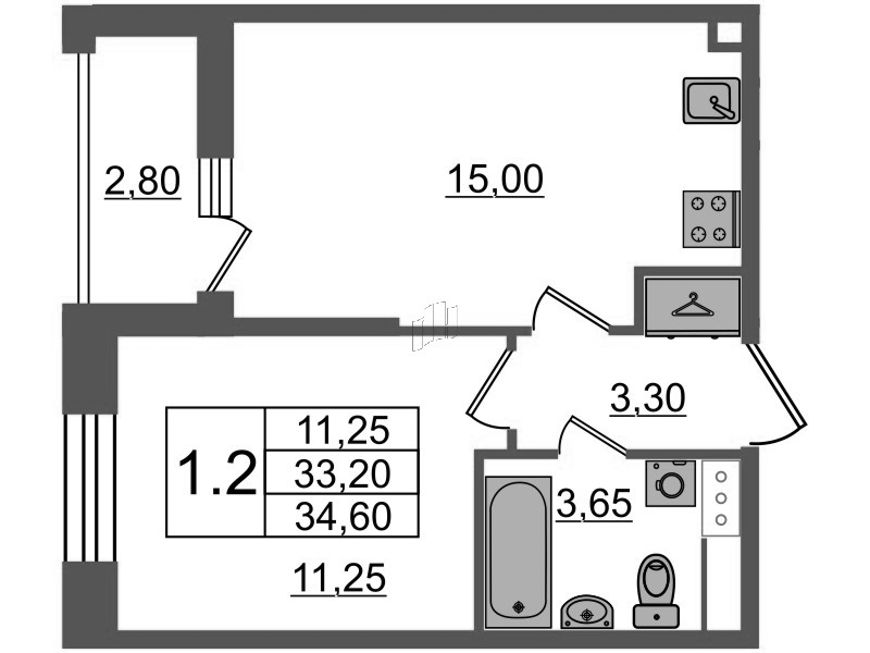 2 ккв (Евро) 33,2 м²