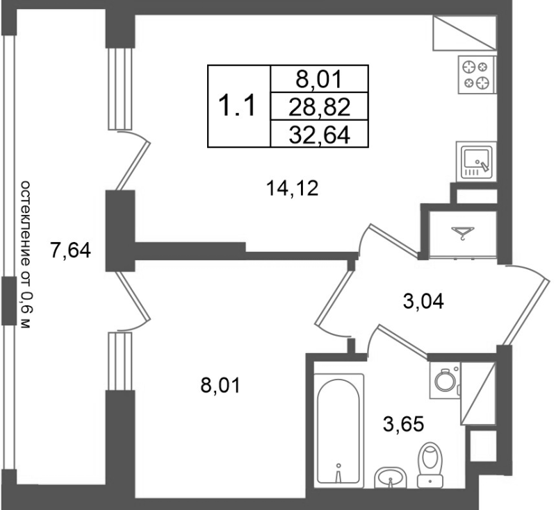 1 ккв 28,8 м²