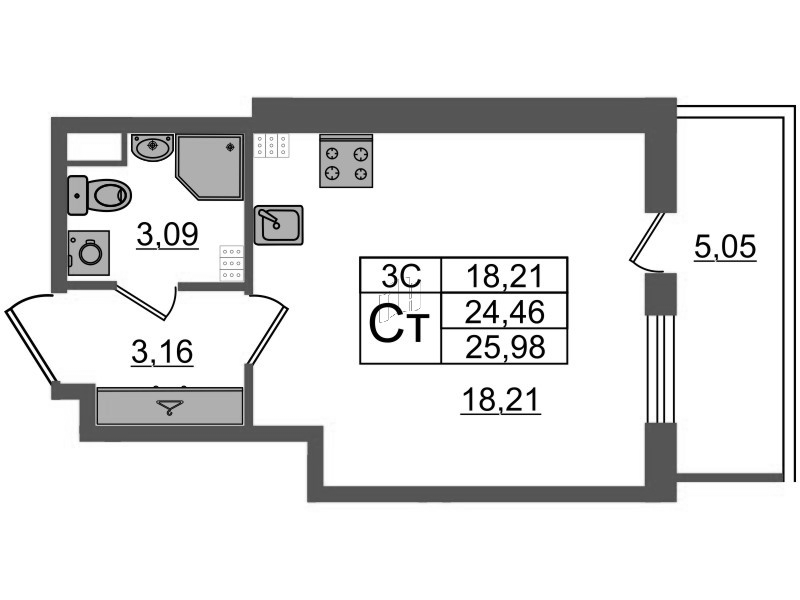 Студия 24,5 м²