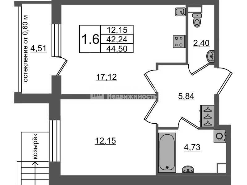 2 ккв (Евро) 42,2 м²
