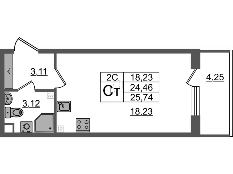 Студия 24,5 м²
