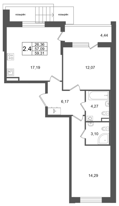 3 ккв (Евро) 57,1 м²