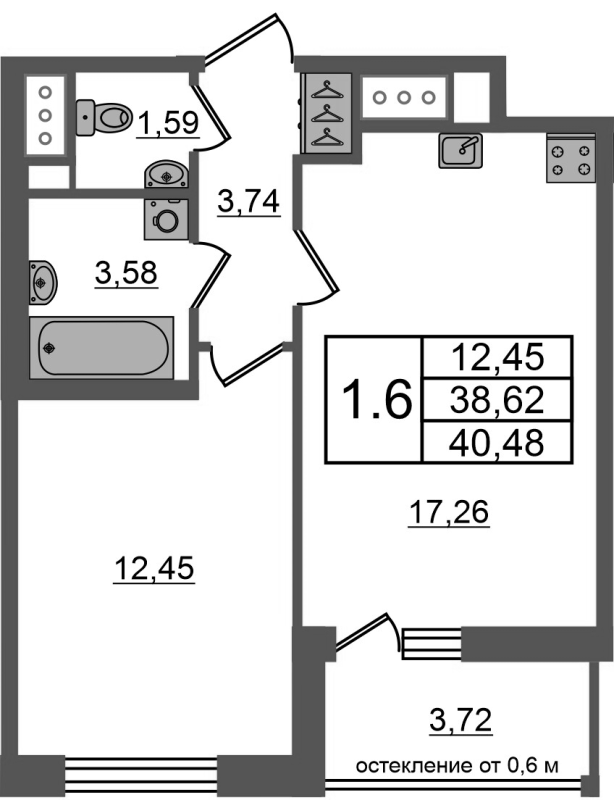 2 ккв (Евро) 38,6 м²
