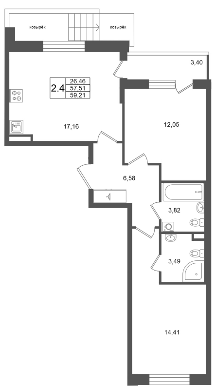 3 ккв (Евро) 57,5 м²