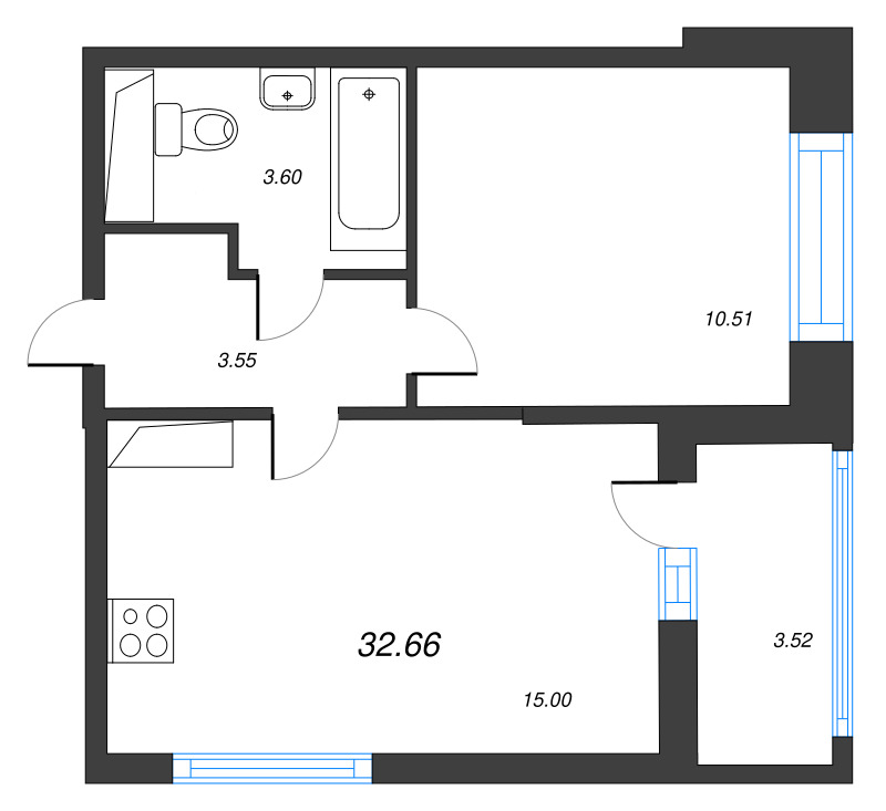 1 ккв 32,7 м²