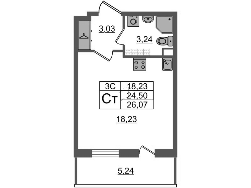 Студия 24,5 м²