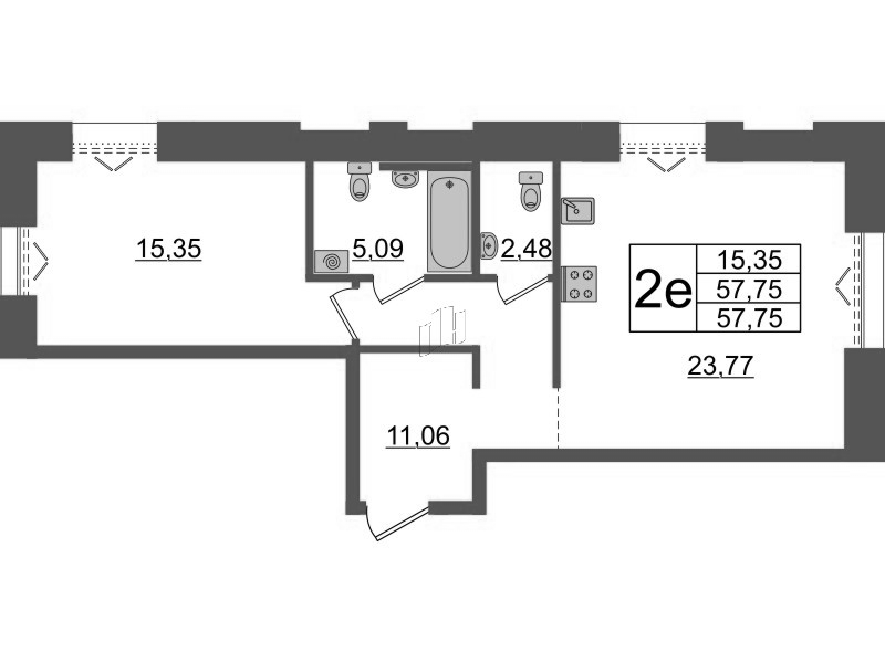 2 ккв (Евро) 57,8 м²