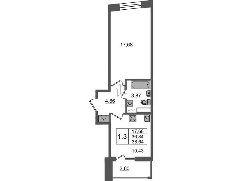 1 ккв 36,8 м²