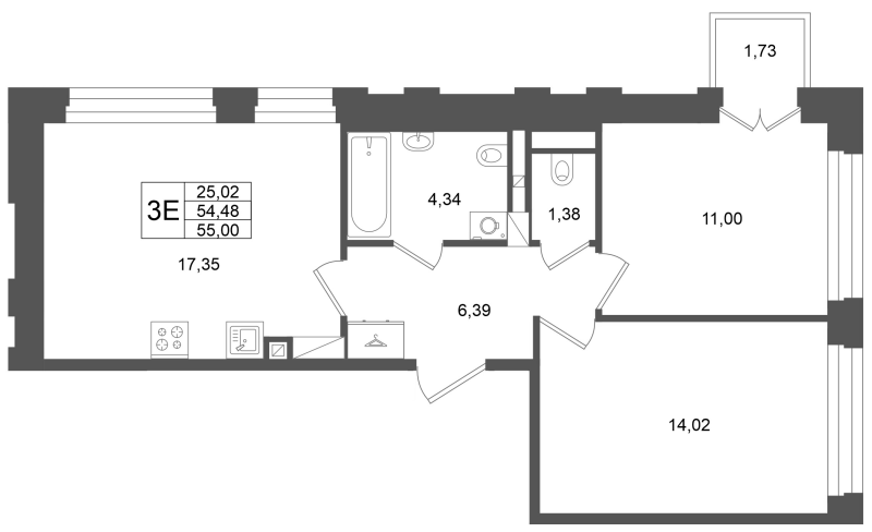 3 ккв (Евро) 54,5 м²