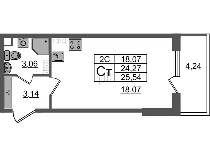 Студия 24,3 м²