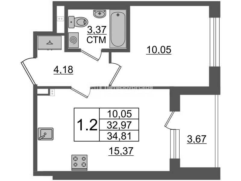 Планировка: 2 ккв (Евро), 32,7 м², 11 050 000 ₽