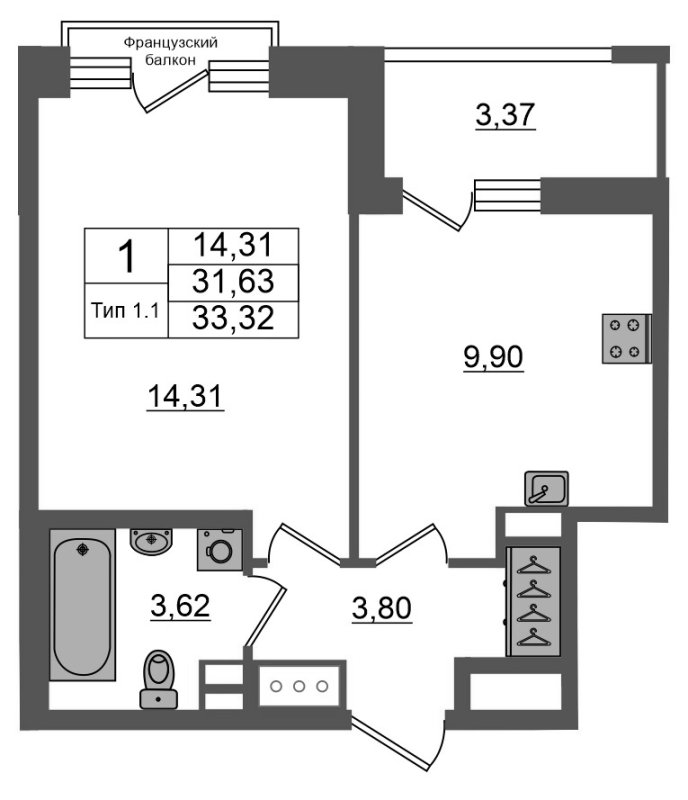 1 ккв 31,6 м²