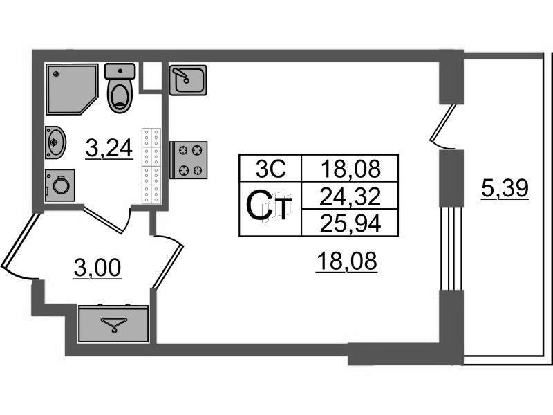 Студия 24,3 м²