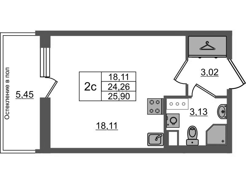 Студия 24,3 м²