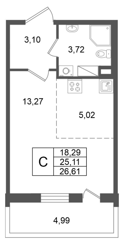 Студия 25,1 м²