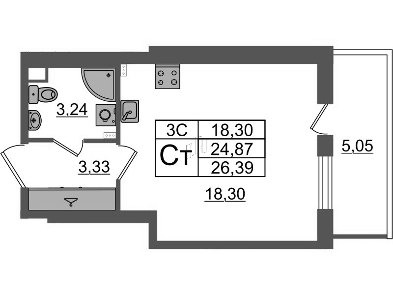 Студия 24,9 м²