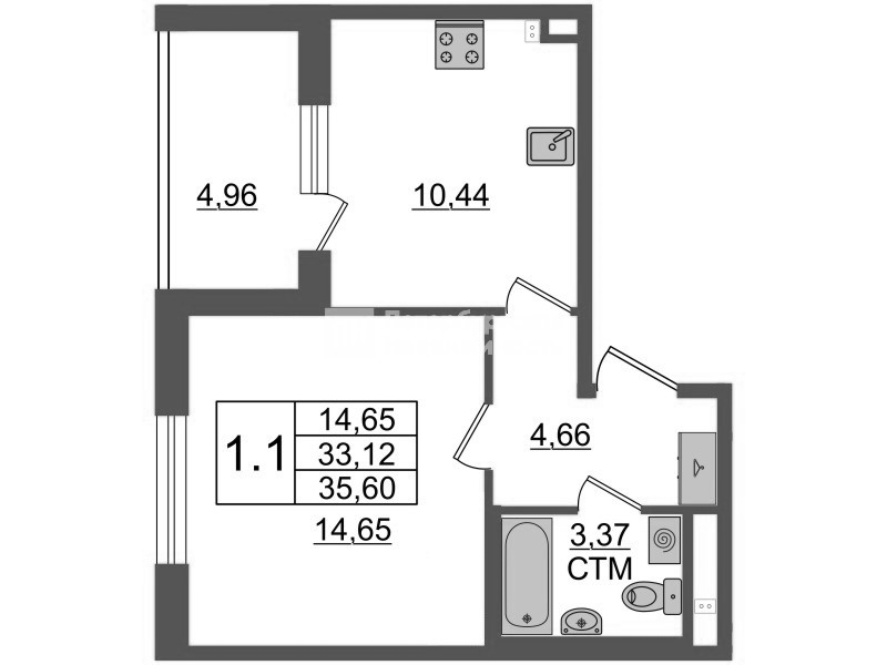 Планировка: 1 ккв, 32,6 м², 11 195 000 ₽