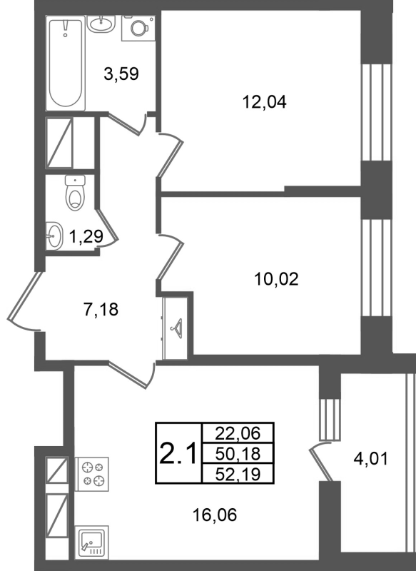 3 ккв (Евро) 50,2 м²