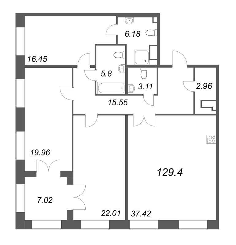 4 ккв (Евро) 129,4 м²
