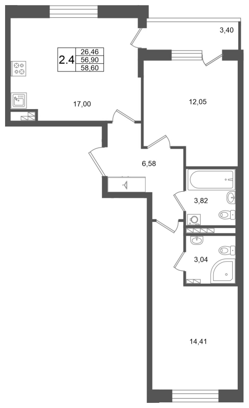 3 ккв (Евро) 56,9 м²