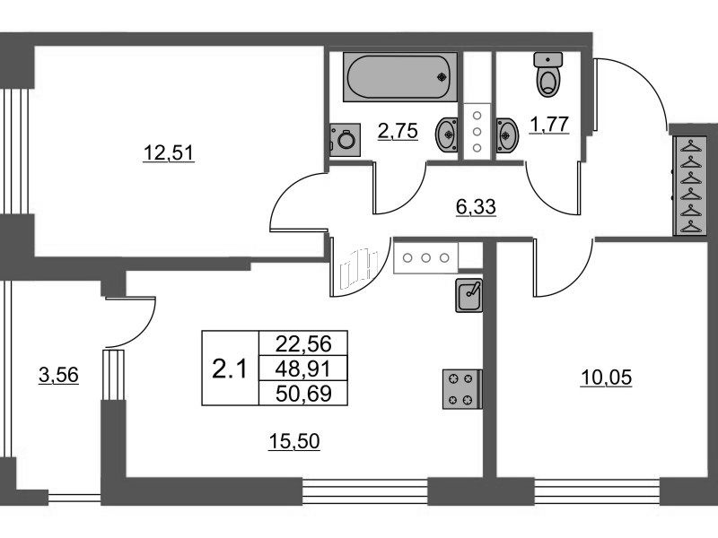 3 ккв (Евро) 48,9 м²