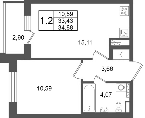 2 ккв (Евро) 33,4 м²