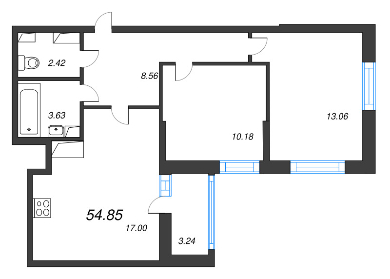 3 ккв (Евро) 54,9 м²