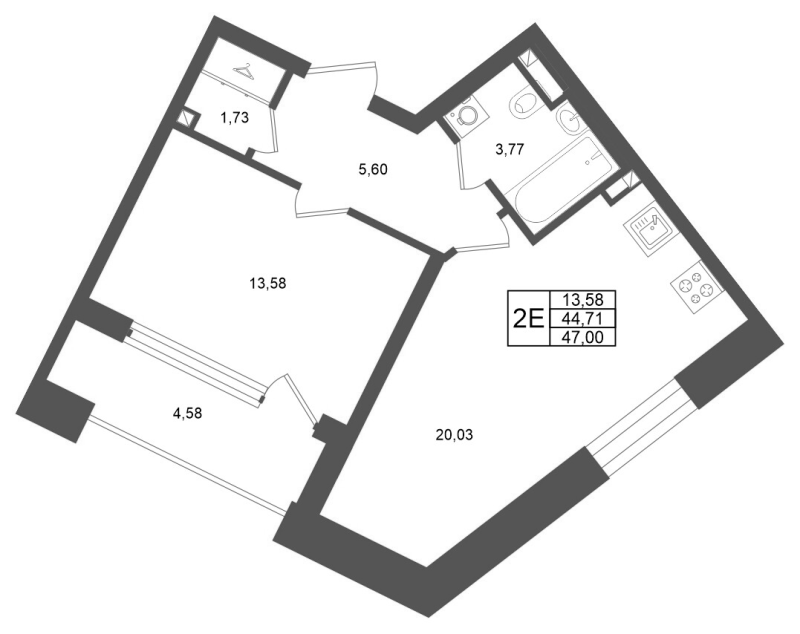2 ккв (Евро) 44,7 м²
