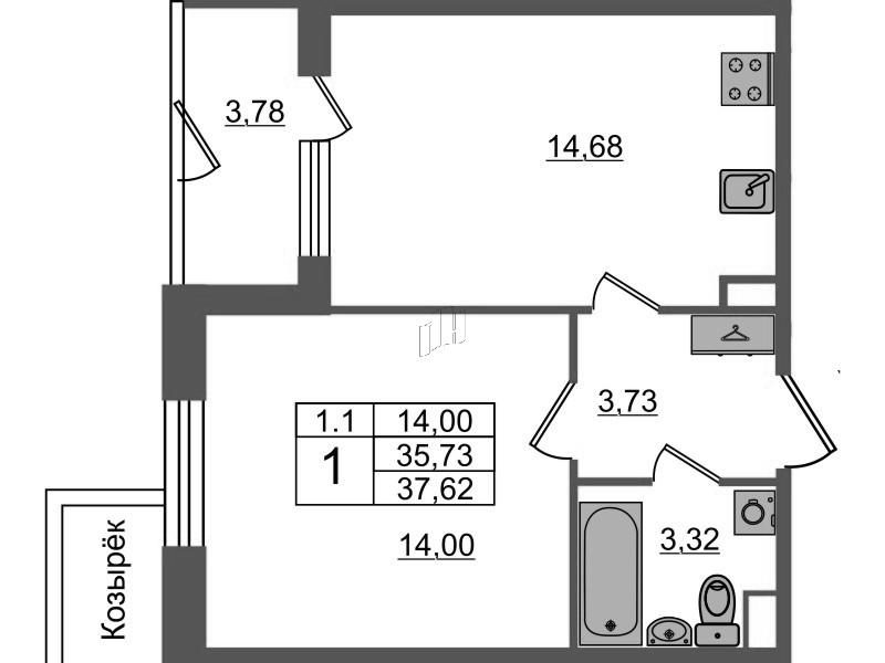 1 ккв 35,7 м²