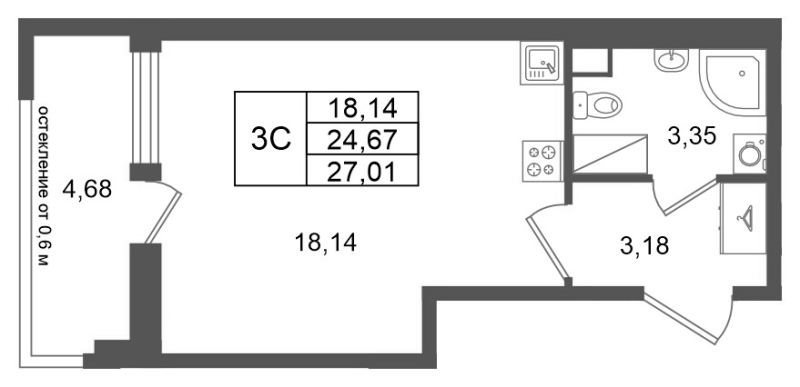 Студия 24,7 м²