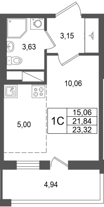 Студия 21,8 м²