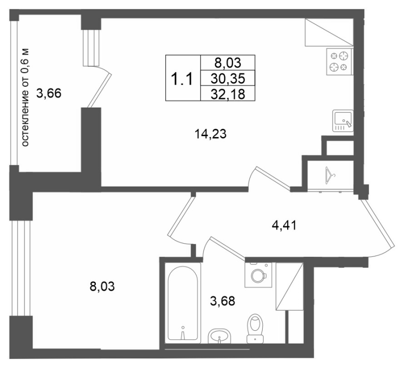 1 ккв 30,4 м²