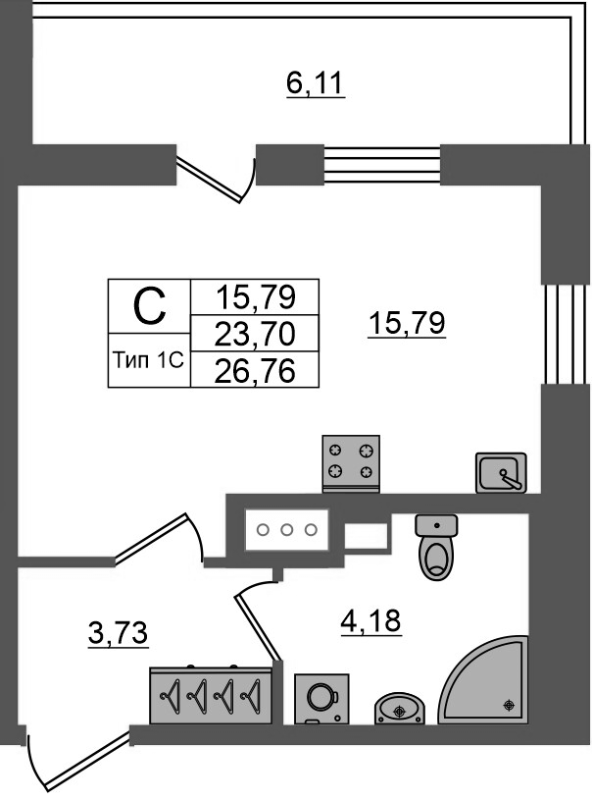 Студия 23,7 м²
