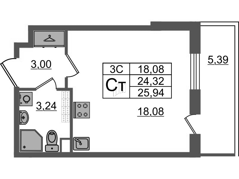 Студия 24,3 м²