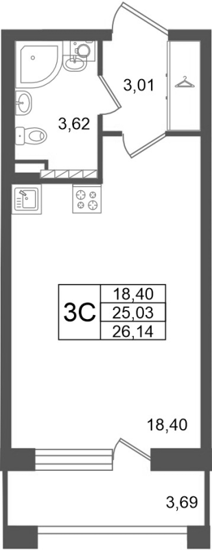 Студия 25 м²