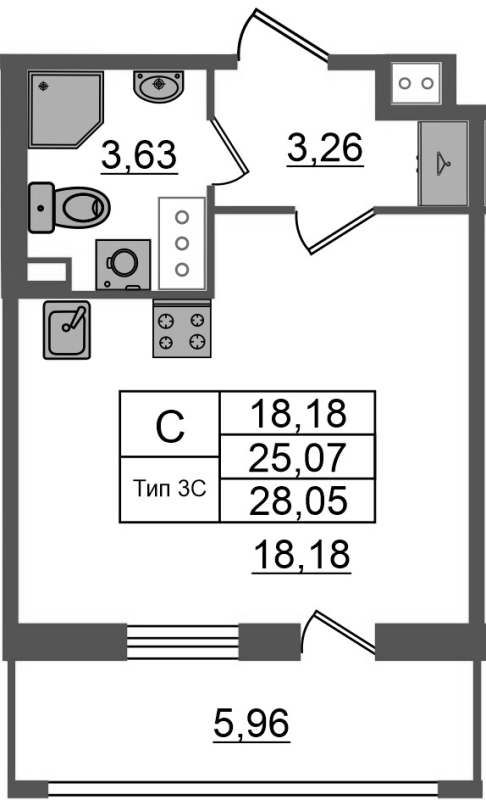 Студия 25,1 м²