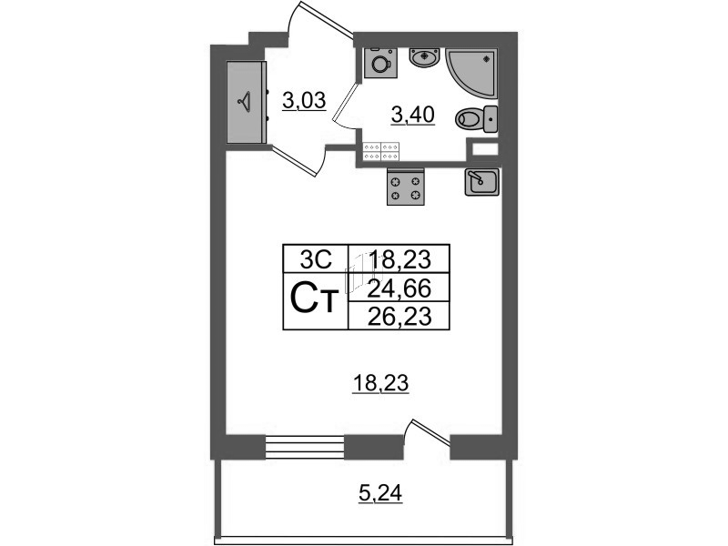 Студия 24,7 м²