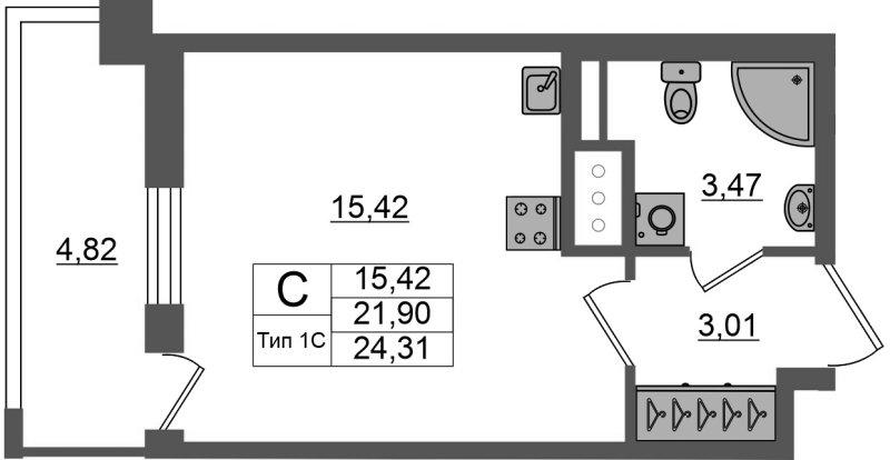 Студия 21,9 м²