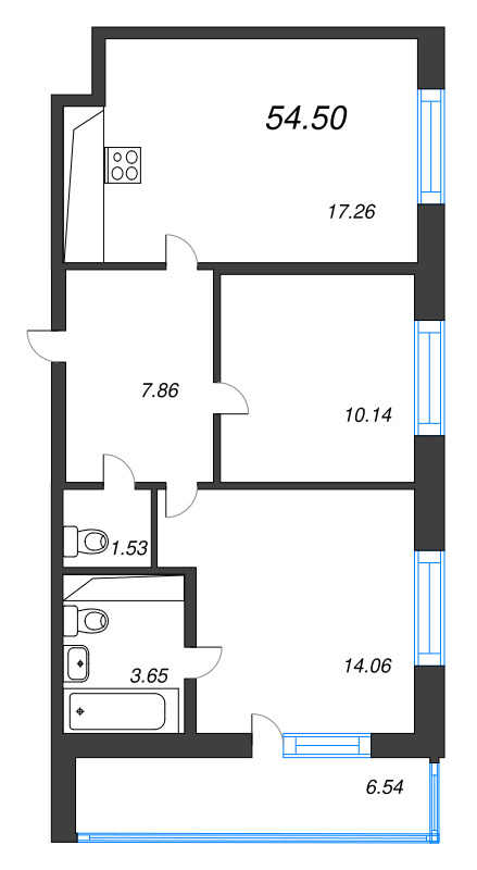3 ккв (Евро) 54,5 м²