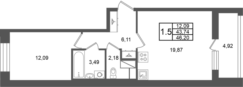 2 ккв (Евро) 43,7 м²